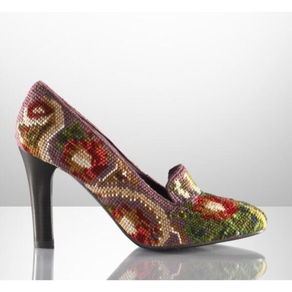 Ralph Lauren Collection Floral Needlepoint Heels Shoes Embroidered Pumps 40 10 - Picture 1 of 10